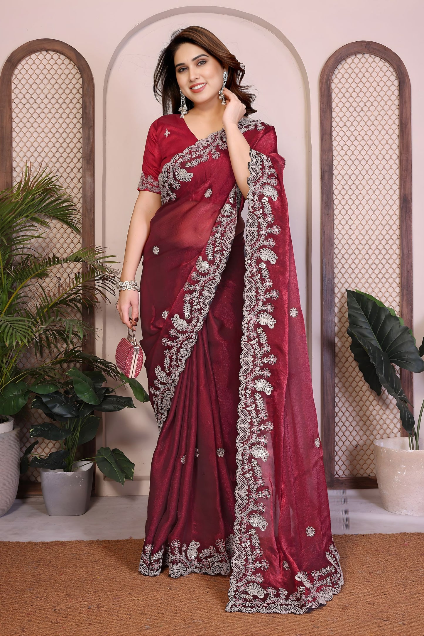 Wine Red Embroidered Saree with Designer Lace Border and Blouse