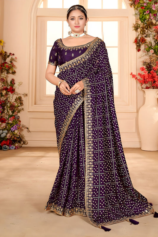 Purple Embroidered Designer Saree with Sequins Work Heavy Border