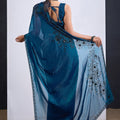 Teal Blue Organza Saree with Black Floral Embroidery Designer Party Wear Saree