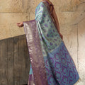 Sky Blue Banarasi Silk Saree Purple Zari Border Floral Weaving Saree
