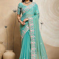 Aqua Blue Net Saree with Floral Embroidery Matching Blouse