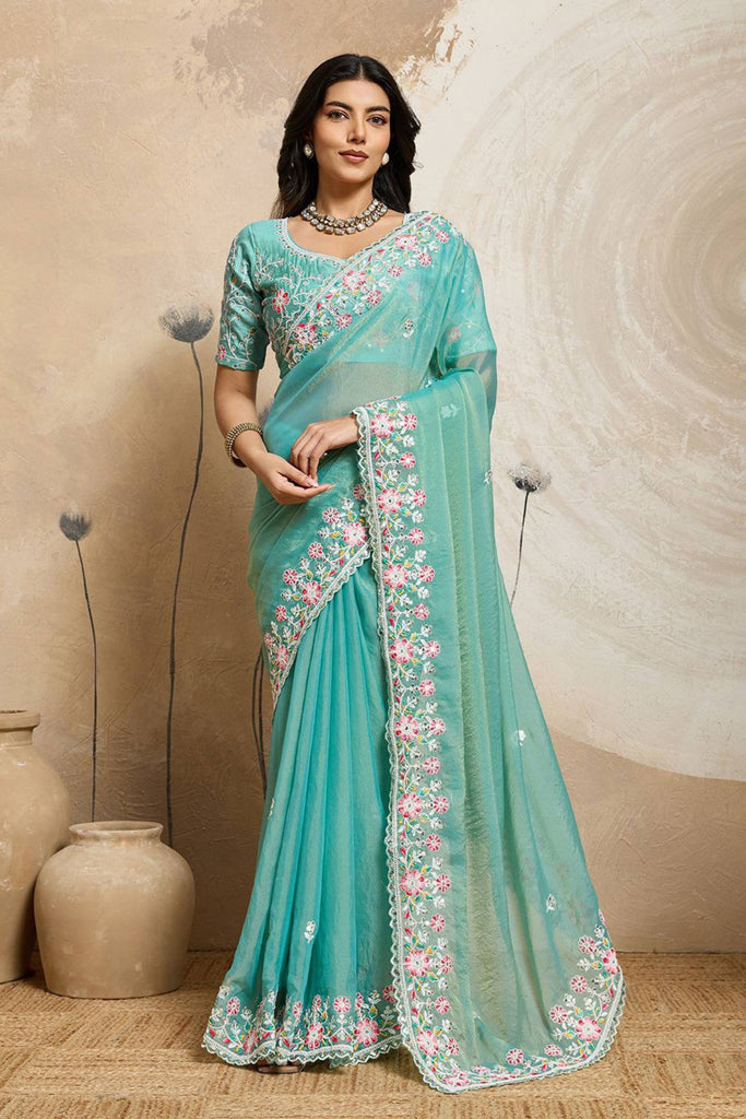 Aqua Blue Net Saree with Floral Embroidery Matching Blouse