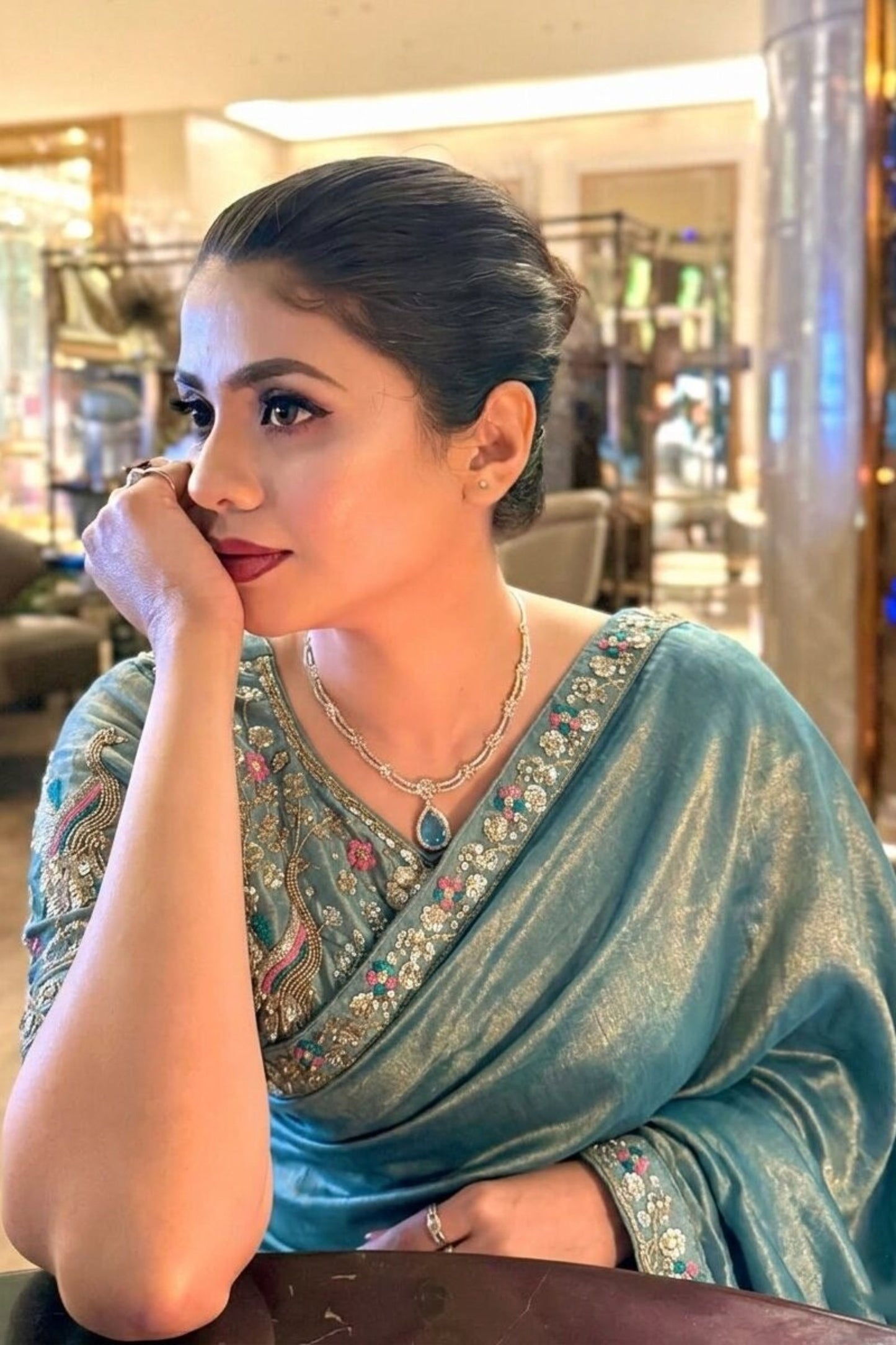 Premium Teal Blue Organza Silk Saree Embroidered Floral Border