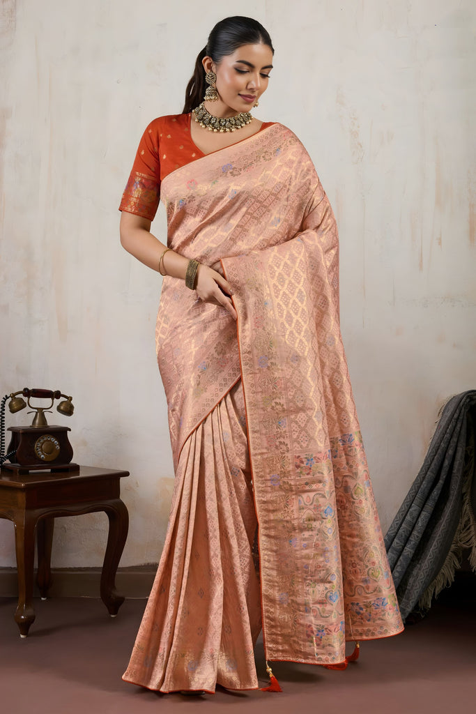 Peach Banarasi Silk Saree with Zari Weaving Rich Designer Pallu