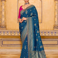 Royal Blue Banarasi Silk Saree with Golden Zari Contrast Pink Blouse