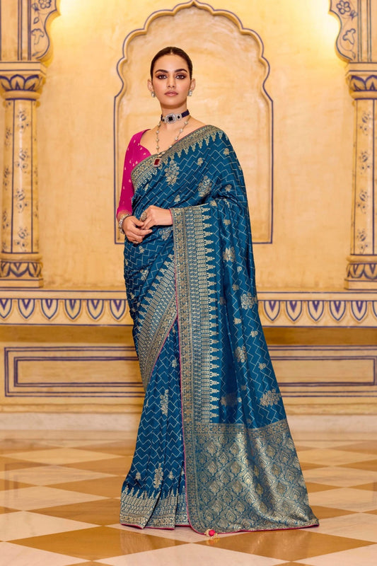 Royal Blue Banarasi Silk Saree with Golden Zari Contrast Pink Blouse