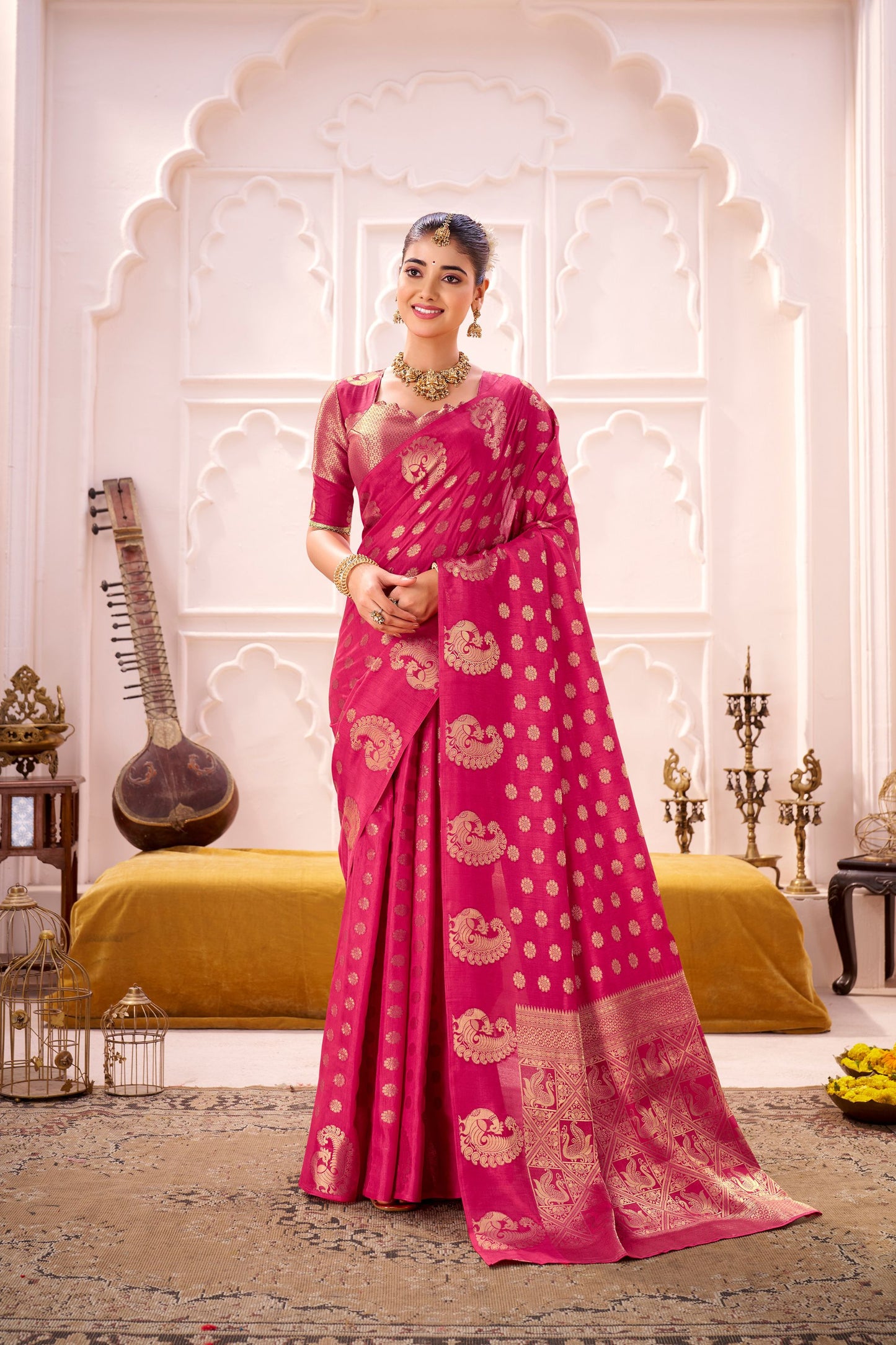 Rani Pink Banarasi Silk Saree with Rich Gold Zari Traditional Saree