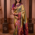 Olive Green Paithani Silk Saree with Contrast Magenta Zari Border