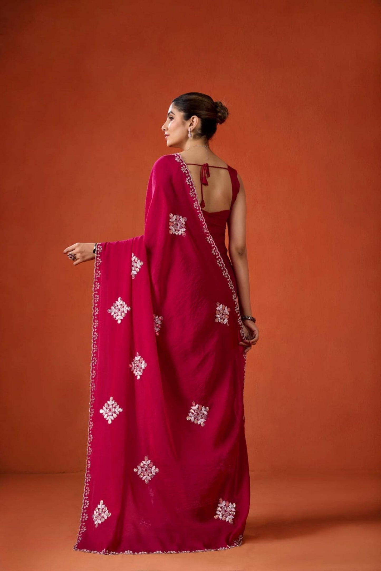 Wine Red Embroidered Georgette Saree Floral Motifs Designer Border