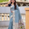 Sky Blue Linen Silk Saree Hand Painted Lotus Pallu Silver Zari Border