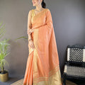  Peach Linen Silk Saree with Rich Golden Zari Border Tassel Pallu 