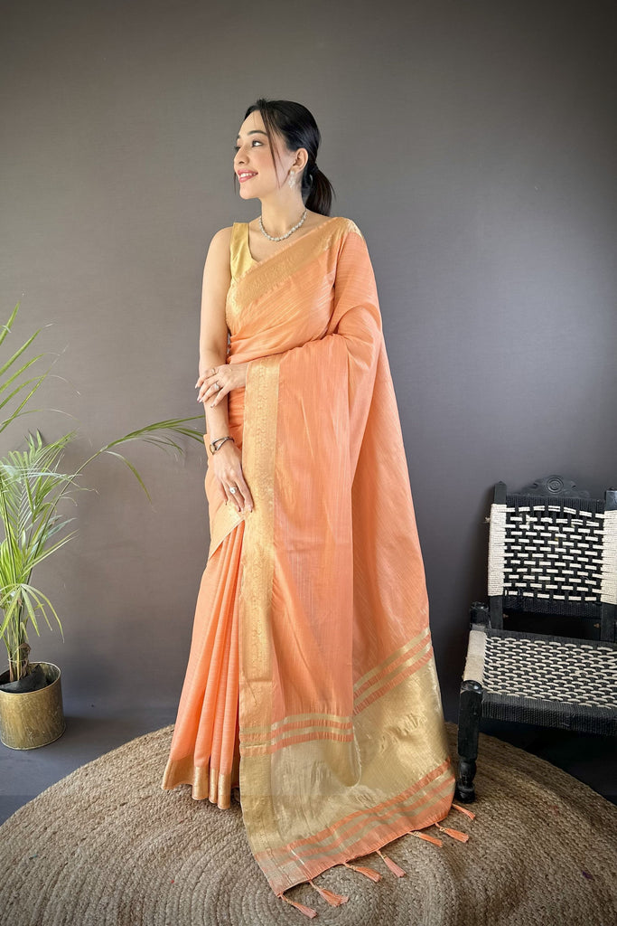  Peach Linen Silk Saree with Rich Golden Zari Border Tassel Pallu 