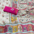 Off White Printed Linen Cotton Saree with Multicolor Border