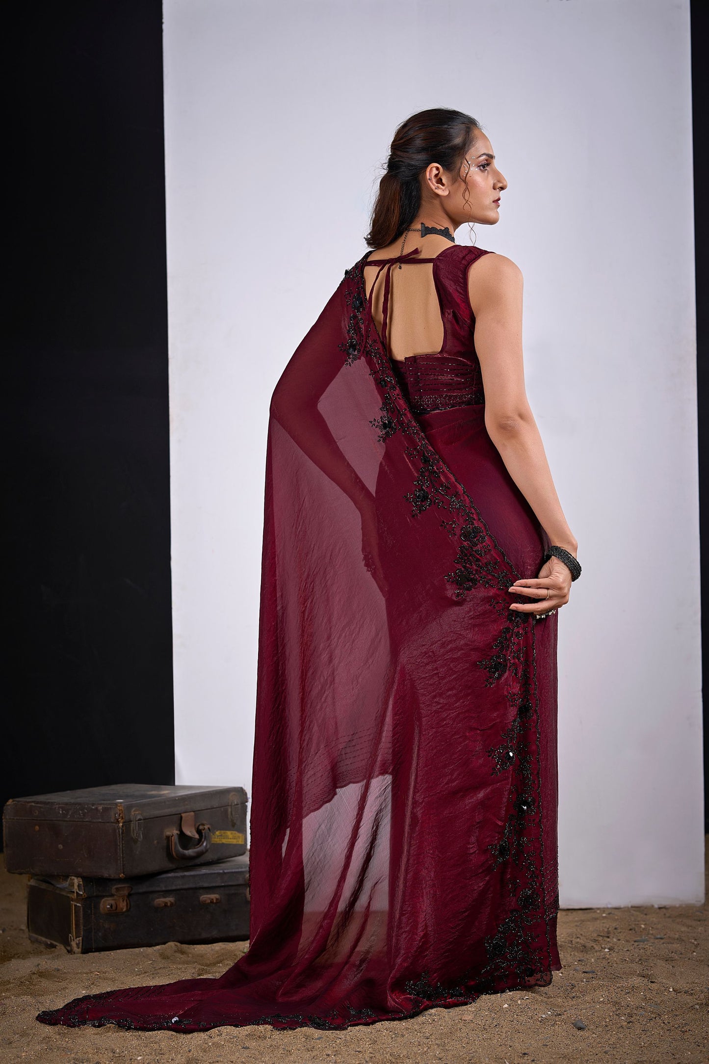 Wine Red Organza Silk Saree with Black Embroidered Blouse