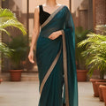 Teal Green Organza Saree Designer Embroidered Border Sleeveless Blouse 