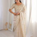 Designer Ivory White Organza Silk Party Wear Saree Golden Embroidery