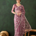 Mauve Embroidered Net Saree Thread Work Border Party Wear Saree