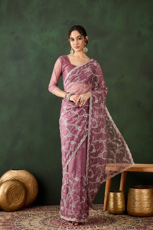 Mauve Embroidered Net Saree Thread Work Border Party Wear Saree