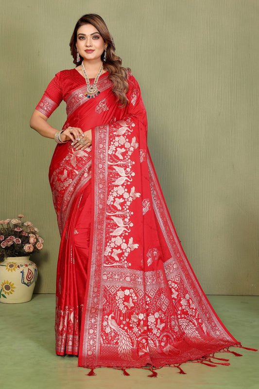 Bridal Red Banarasi Silk Saree with Rich Zari Weaving Blouse Piece