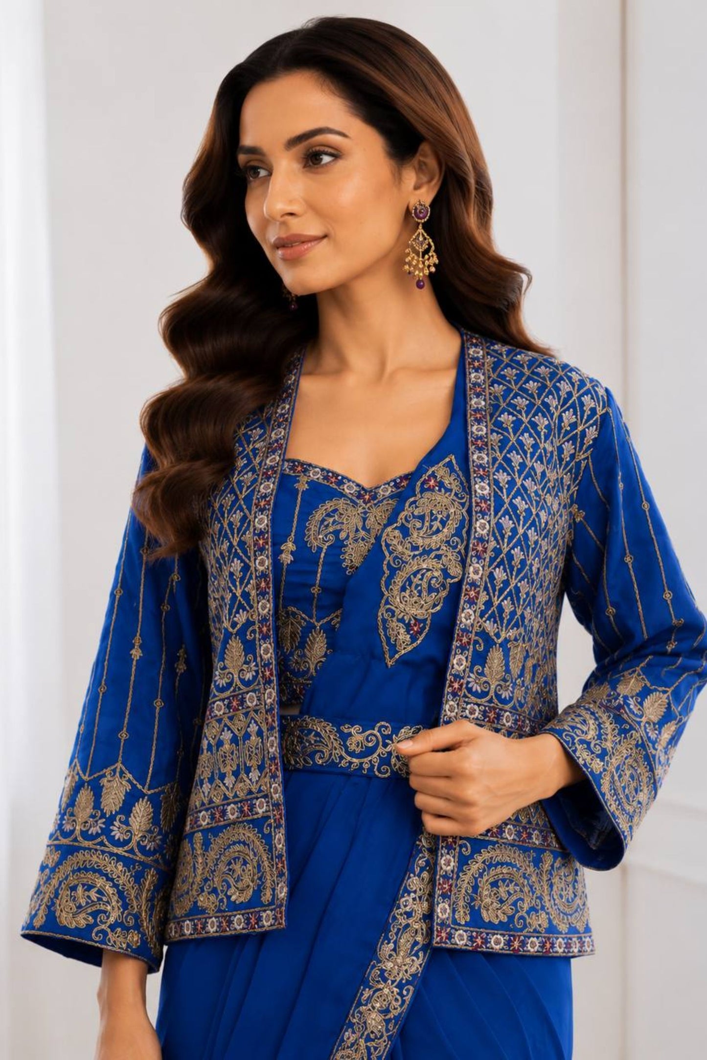 Royal Blue Designer Saree Heavy Golden Embroidered Border Matching Jacket Set