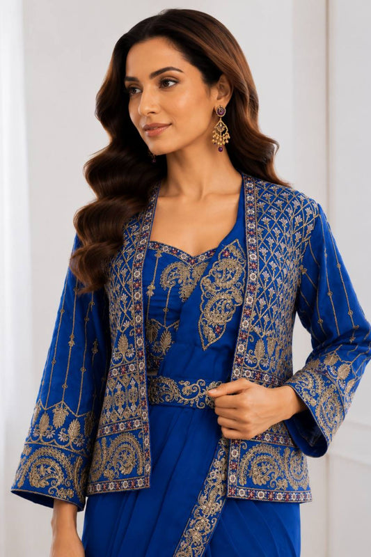 Royal Blue Designer Saree Heavy Golden Embroidered Border Matching Jacket Set