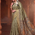 Traditional Olive Green Banarasi Silk Saree with Artistic Printed Pallu