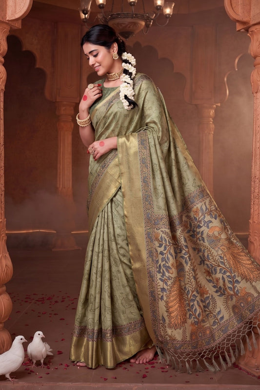 Traditional Olive Green Banarasi Silk Saree with Artistic Printed Pallu