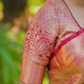 Rose Gold Banarasi Silk Saree Rich Zari Weaving Contrast Pink Border