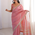 Elegant Pink Linen Designer Saree with Mirror Work Border