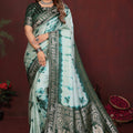 Sea Green Dark Green Tie-Dye Silk Saree with Silver Woven Border 