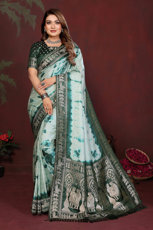 Sea Green Dark Green Tie-Dye Silk Saree with Silver Woven Border 