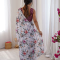 Elegant White Floral Printed Linen Saree with Designer Lace Border