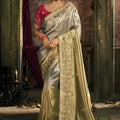 Olive Green Beige Silk Saree Heavy Zari Stone Embroidery Designer Blouse