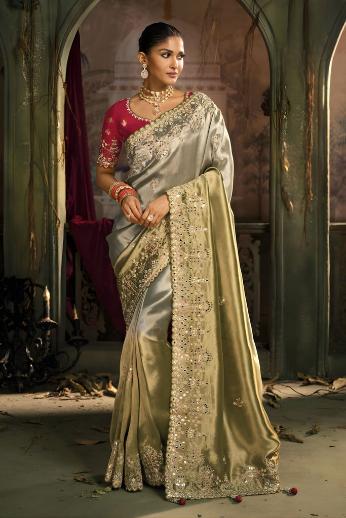 Olive Green Beige Silk Saree Heavy Zari Stone Embroidery Designer Blouse