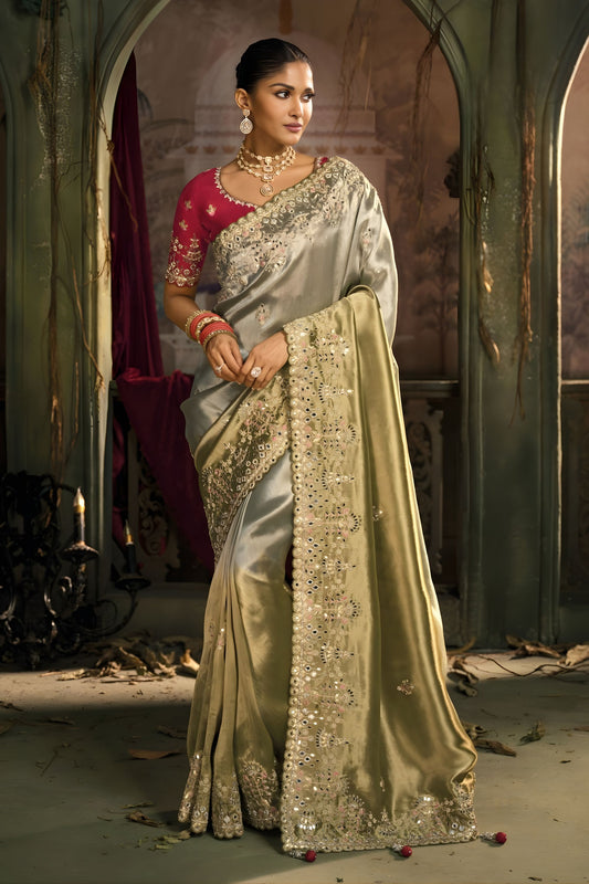Olive Green Beige Silk Saree Heavy Zari Stone Embroidery Designer Blouse