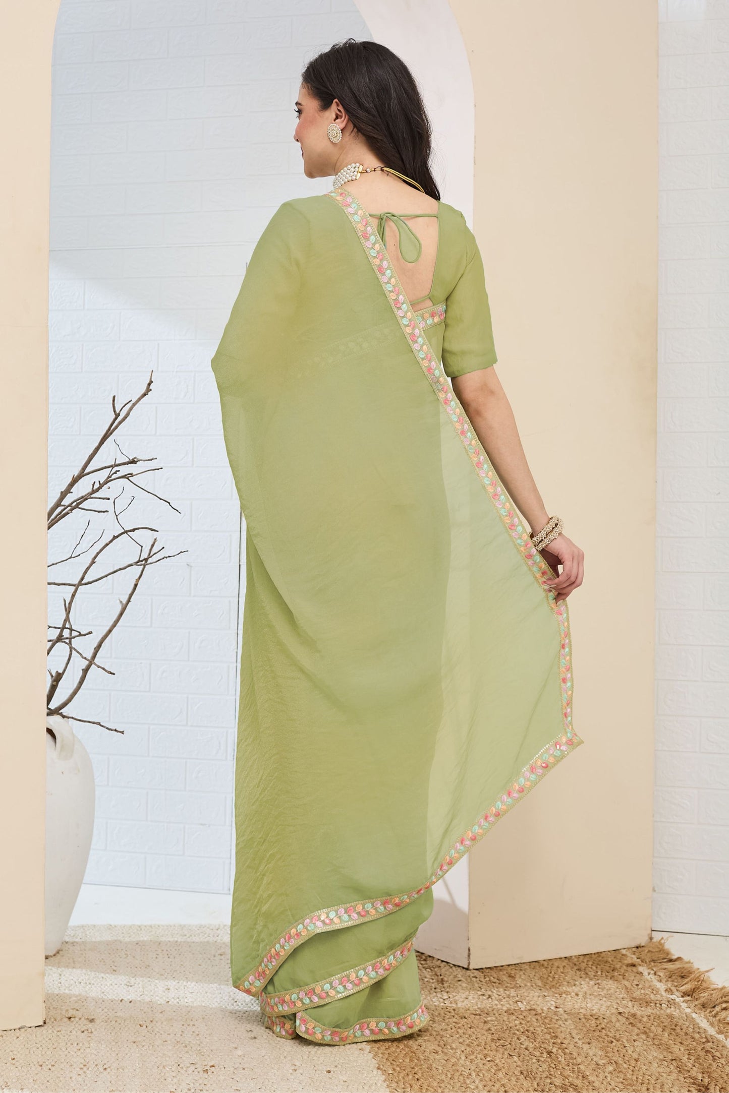 Pastel Green Designer Saree Embroidered Border Ready To Wear