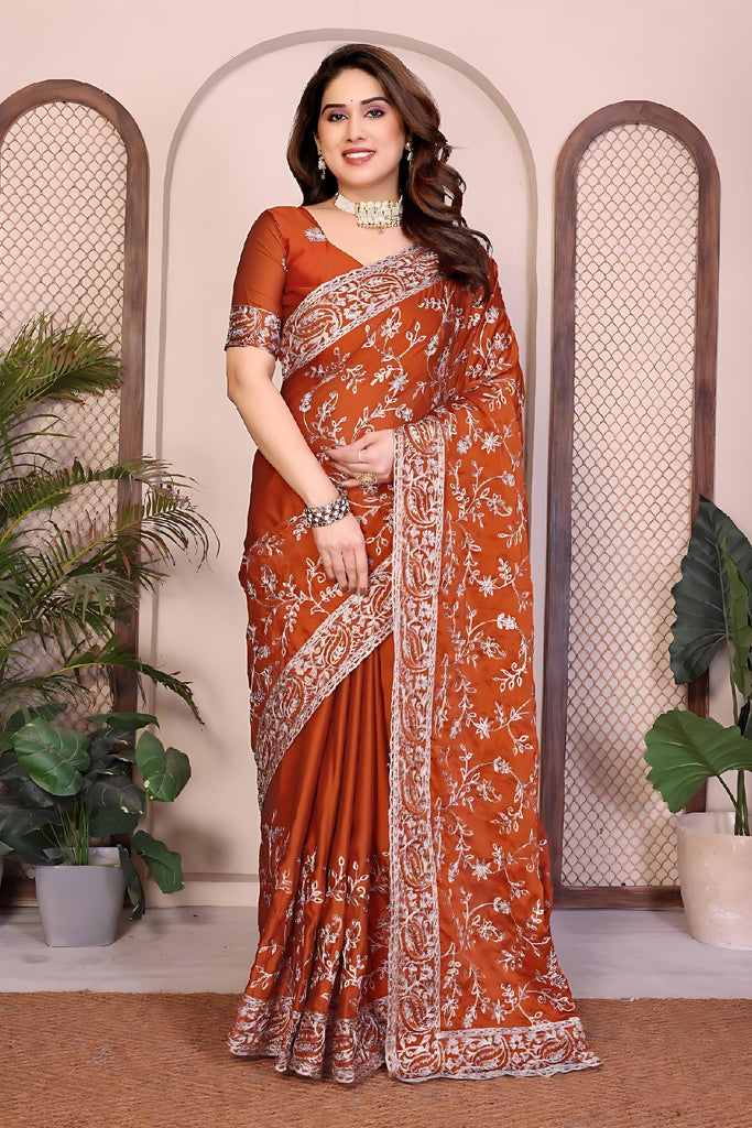 Rust Orange Designer Embroidered Saree Heavy Sequins Work