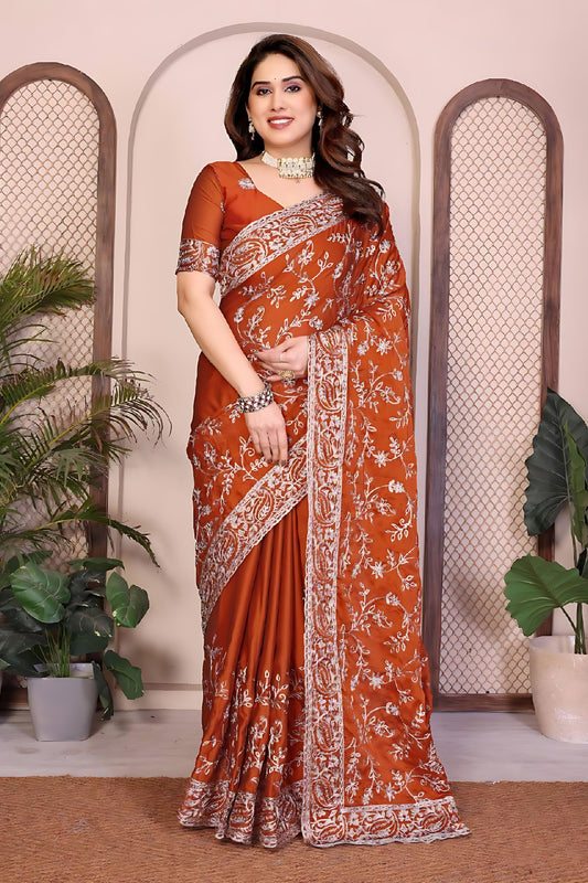 Rust Orange Designer Embroidered Saree Heavy Sequins Work