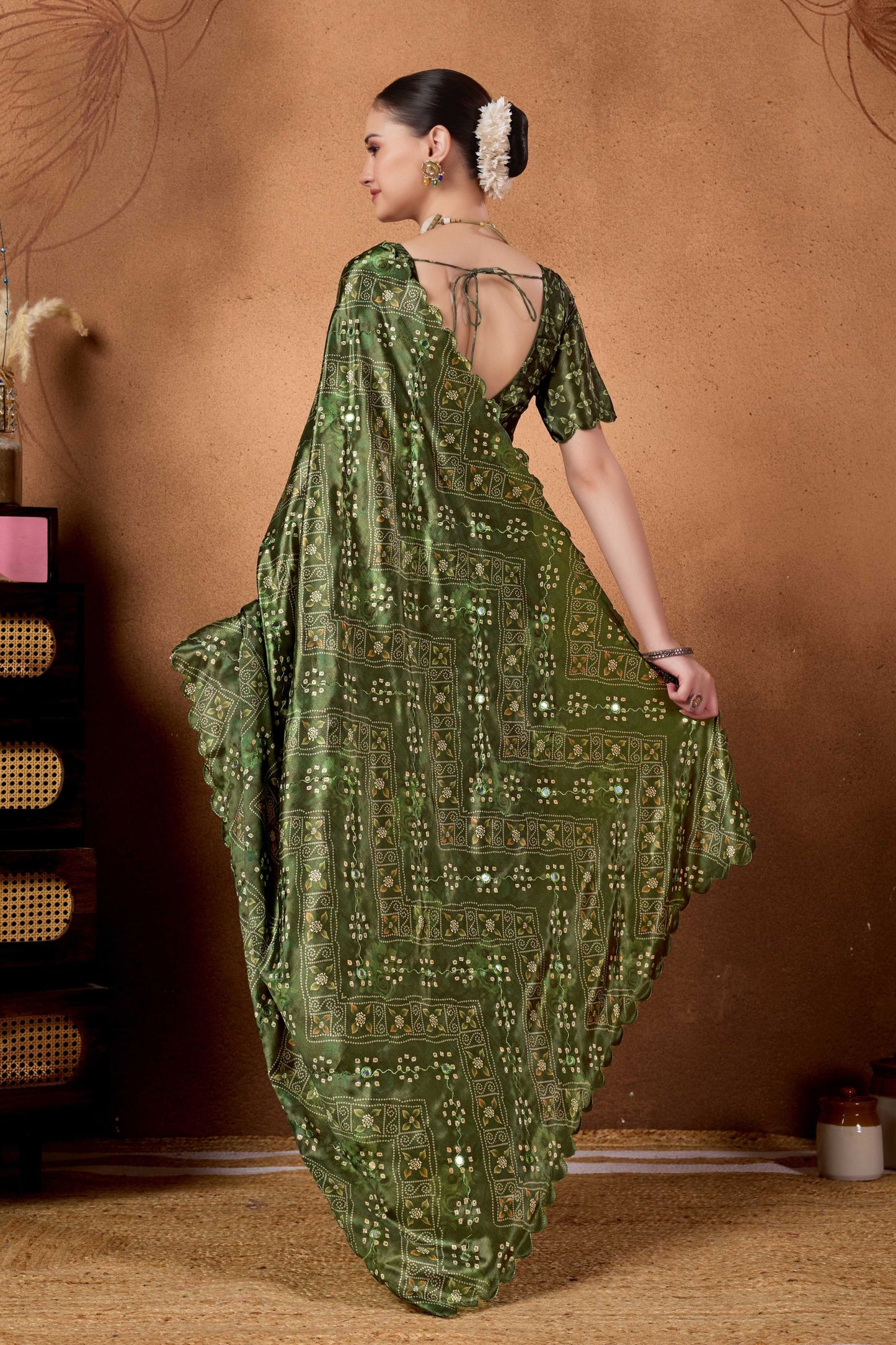 Olive Green Printed Silk Saree with Zari Work Designer Saree