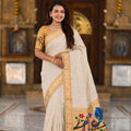 Off White Cotton Silk Saree Golden Border Peacock Floral Designer Pallu