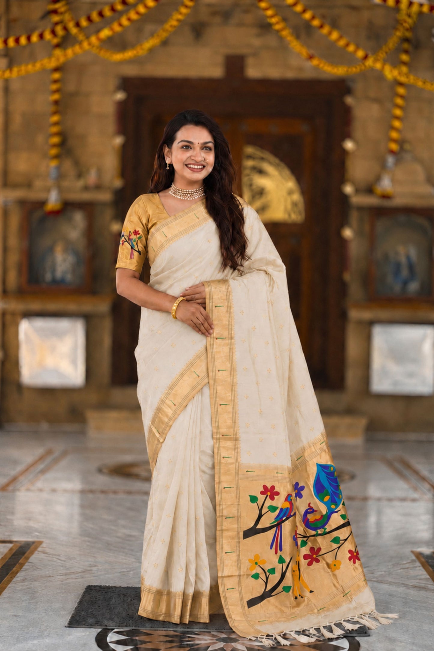 Off White Cotton Silk Saree Golden Border Peacock Floral Designer Pallu