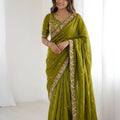  Olive Green Silk Saree Floral Embroidered Border Designer Blouse 
