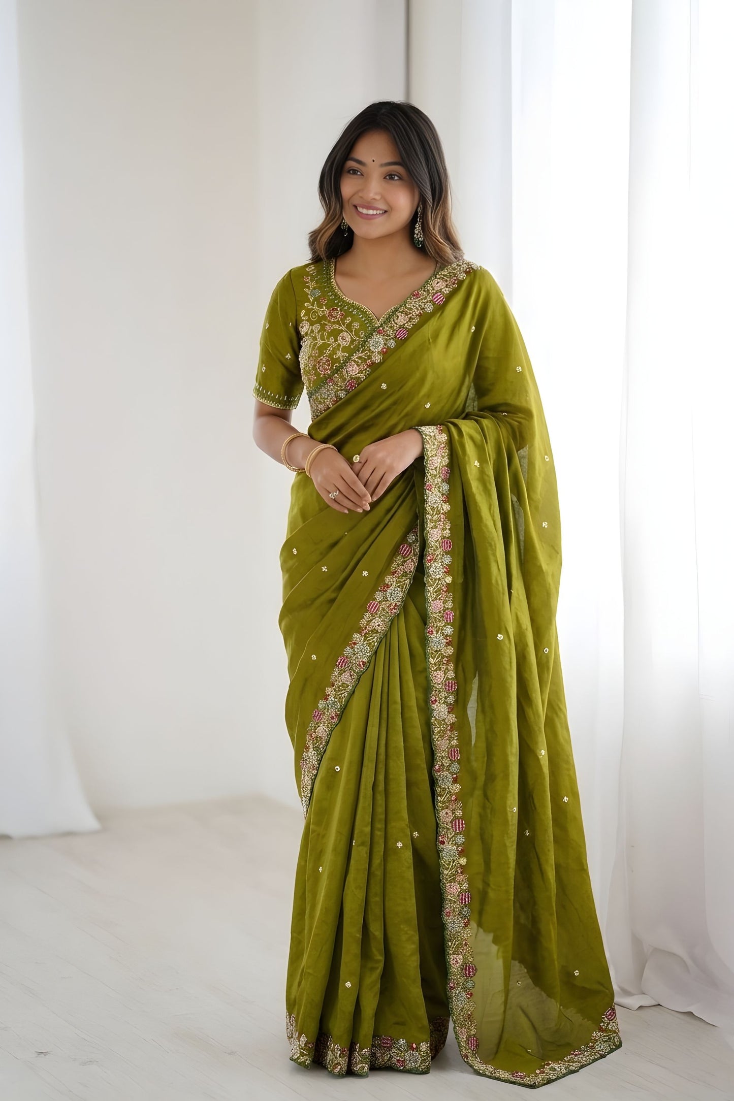  Olive Green Silk Saree Floral Embroidered Border Designer Blouse 