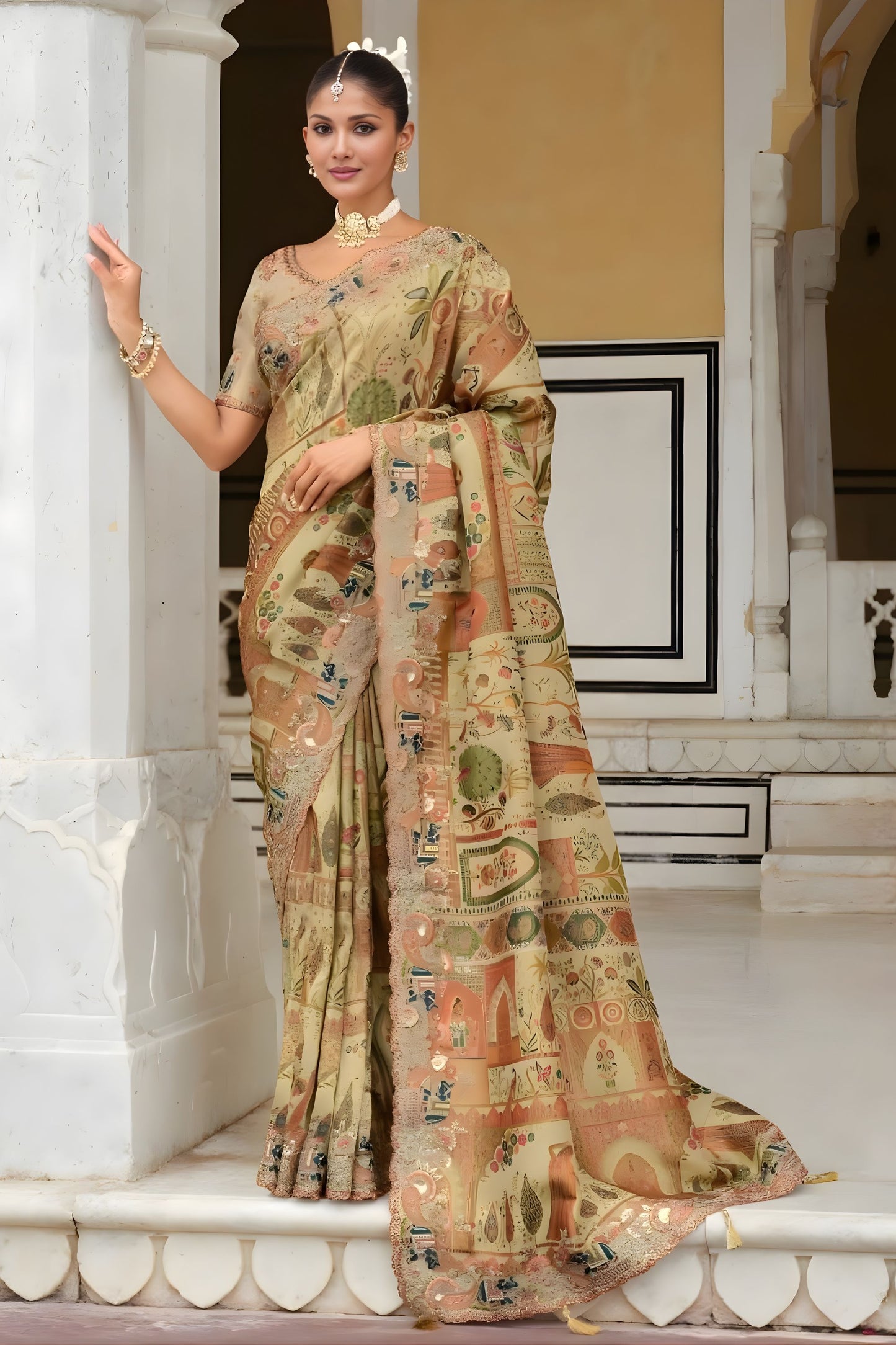 Designer Multicolour Printed Silk Saree with Heavy Embroidered Border