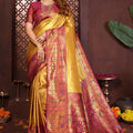  Golden Kanjivaram Silk Saree with Rich Pink Zari Weaving Border 