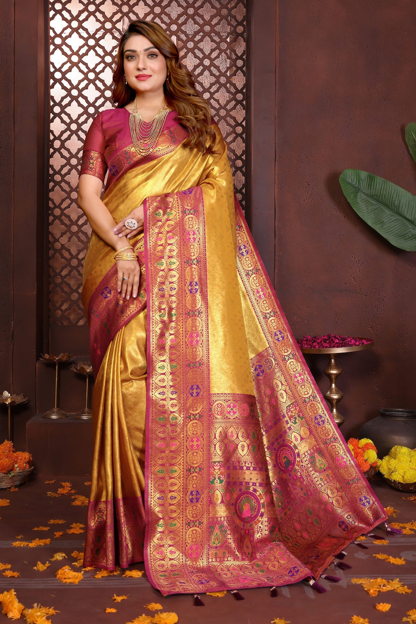  Golden Kanjivaram Silk Saree with Rich Pink Zari Weaving Border 