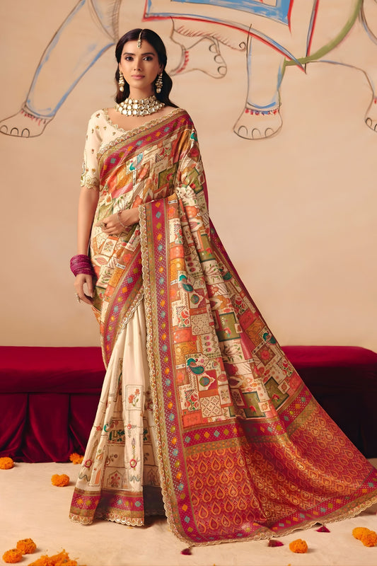 Cream White Paithani Silk Saree with Multicolor Zari Weaving Saree