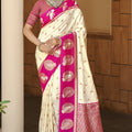 Cream Rani Pink Banarasi Silk Saree Gold Zari Peacock Motifs Saree 