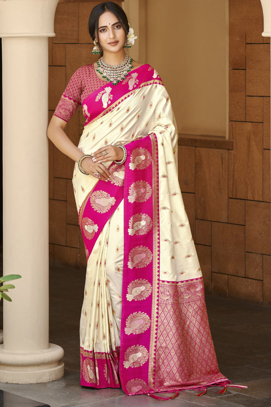 Cream Rani Pink Banarasi Silk Saree Gold Zari Peacock Motifs Saree 