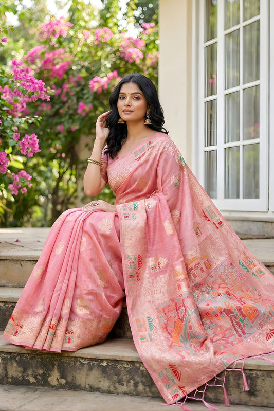 Peach Pink Banarasi Silk Saree with Rich Woven Zari Pallu